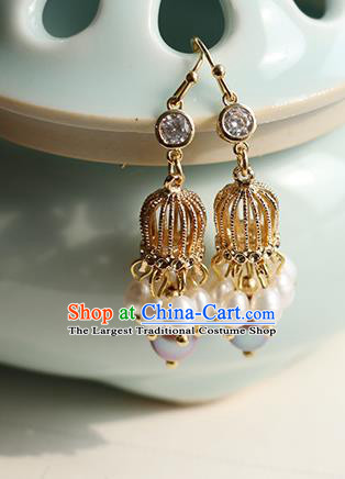 Chinese Handmade Golden Earrings Classical Ear Accessories Hanfu Ming Dynasty Princess Zircon Eardrop