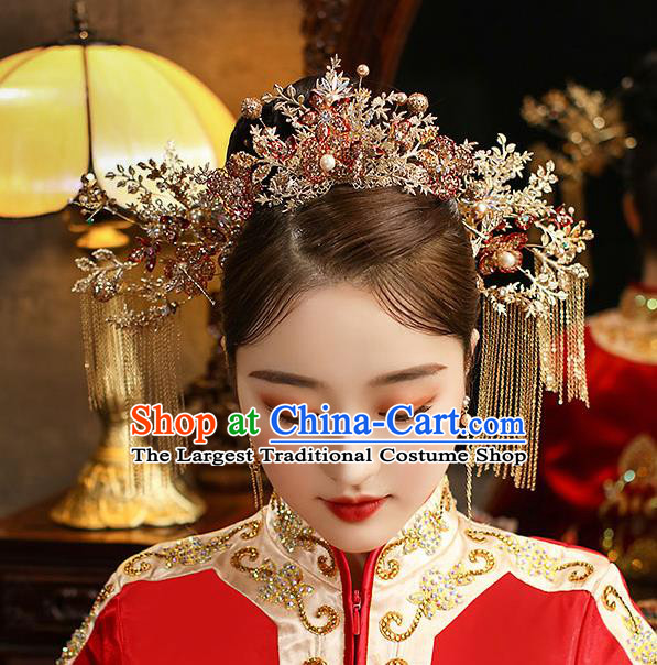 Chinese Classical Wedding Hair Crown Handmade Hair Accessories Ancient Bride Golden Hairpins Tassel Step Shake Complete Set