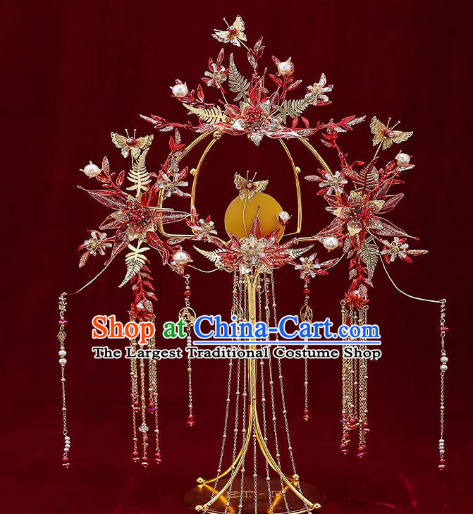 Chinese Classical Wedding Red Leaf Hair Crown Handmade Hair Accessories Ancient Bride Tassel Hairpins Complete Set