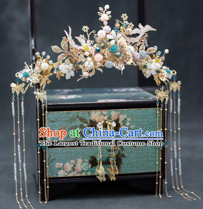 Chinese Classical Wedding Roses Hair Crown Handmade Hair Accessories Ancient Bride Hairpins Complete Set