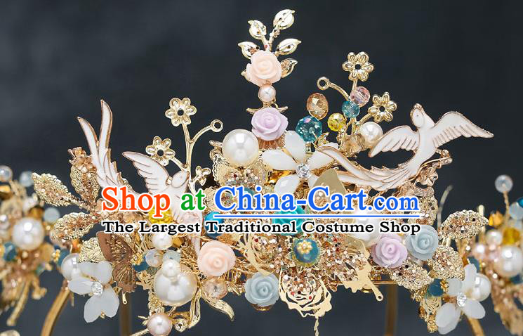 Chinese Classical Wedding Roses Hair Crown Handmade Hair Accessories Ancient Bride Hairpins Complete Set