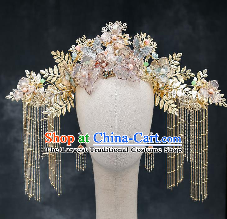 Chinese Classical Wedding Flowers Butterfly Hair Crown Handmade Hair Accessories Ancient Bride Hairpins Complete Set