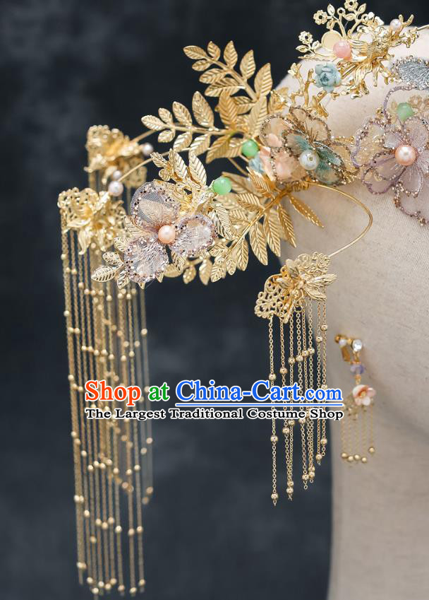 Chinese Classical Wedding Flowers Butterfly Hair Crown Handmade Hair Accessories Ancient Bride Hairpins Complete Set