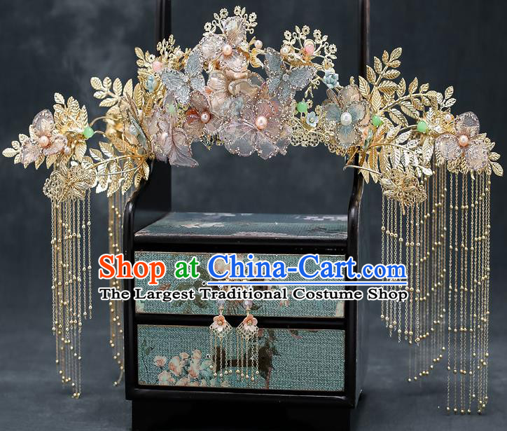 Chinese Classical Wedding Flowers Butterfly Hair Crown Handmade Hair Accessories Ancient Bride Hairpins Complete Set