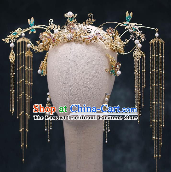 Chinese Handmade Classical Wedding Hair Accessories Ancient Bride Hairpins Green Dragonfly Phoenix Coronet Complete Set