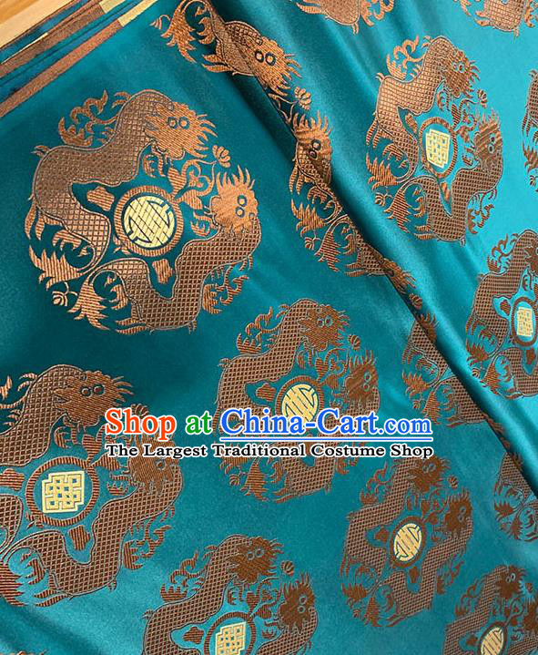 Chinese Traditional Double Dragon Pattern Blue Silk Fabric Tang Suit Damask Material Brocade Drapery