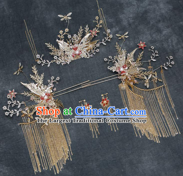 Chinese Handmade Butterfly Hair Comb Classical Wedding Hair Accessories Ancient Bride Tassel Hairpins Complete Set