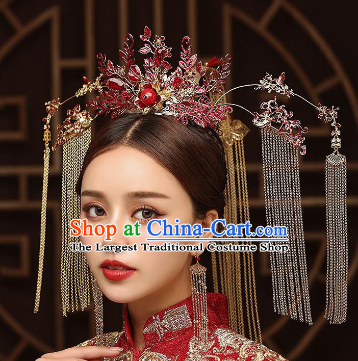 Chinese Handmade Red Phoenix Coronet Classical Wedding Hair Accessories Ancient Bride Tassel Hairpins Complete Set