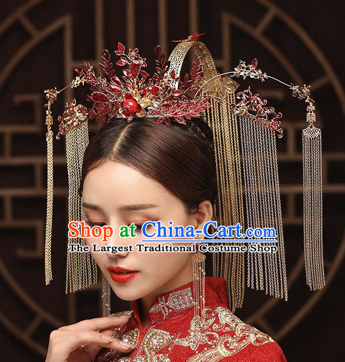 Chinese Handmade Red Phoenix Coronet Classical Wedding Hair Accessories Ancient Bride Tassel Hairpins Complete Set