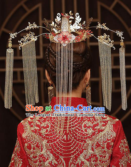 Chinese Handmade Red Phoenix Coronet Classical Wedding Hair Accessories Ancient Bride Tassel Hairpins Complete Set