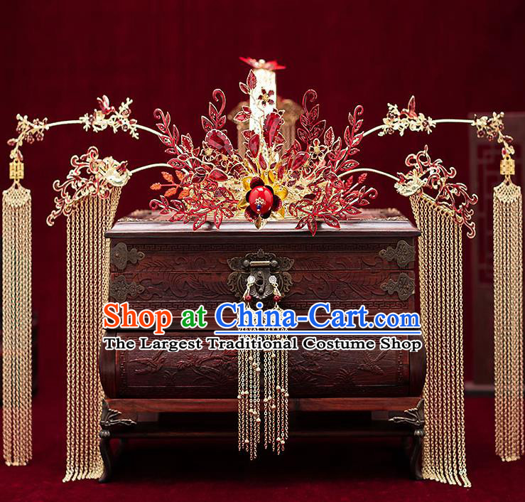 Chinese Handmade Red Phoenix Coronet Classical Wedding Hair Accessories Ancient Bride Tassel Hairpins Complete Set