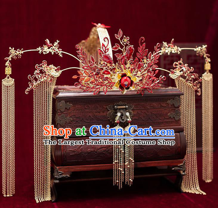 Chinese Handmade Red Phoenix Coronet Classical Wedding Hair Accessories Ancient Bride Tassel Hairpins Complete Set