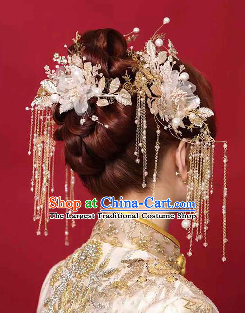 Chinese Handmade Silk Flowers Hair Comb Classical Wedding Hair Accessories Ancient Bride Hairpins Tassel Step Shake Complete Set