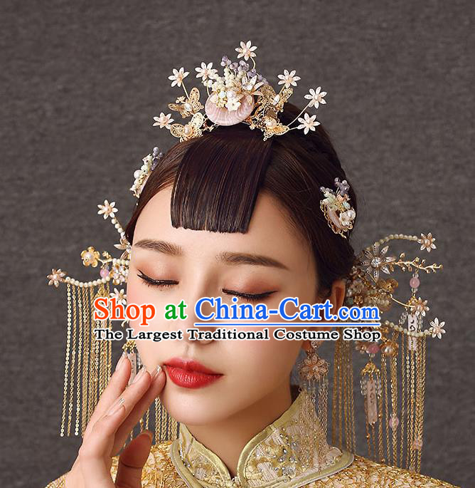 Chinese Handmade Hair Comb Classical Wedding Hair Accessories Ancient Bride Pearls Tassel Hairpins Complete Set