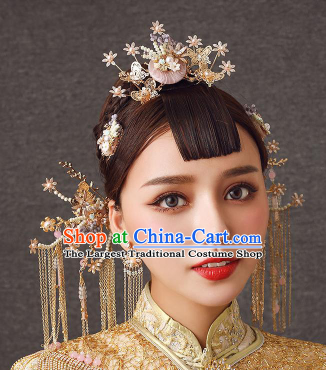 Chinese Handmade Hair Comb Classical Wedding Hair Accessories Ancient Bride Pearls Tassel Hairpins Complete Set