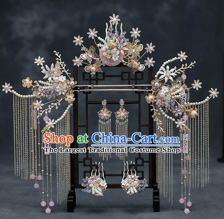 Chinese Handmade Hair Comb Classical Wedding Hair Accessories Ancient Bride Pearls Tassel Hairpins Complete Set