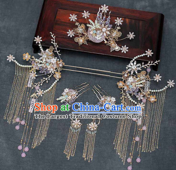 Chinese Handmade Hair Comb Classical Wedding Hair Accessories Ancient Bride Pearls Tassel Hairpins Complete Set