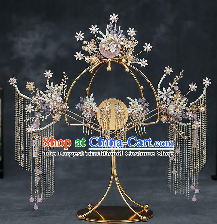 Chinese Handmade Hair Comb Classical Wedding Hair Accessories Ancient Bride Pearls Tassel Hairpins Complete Set