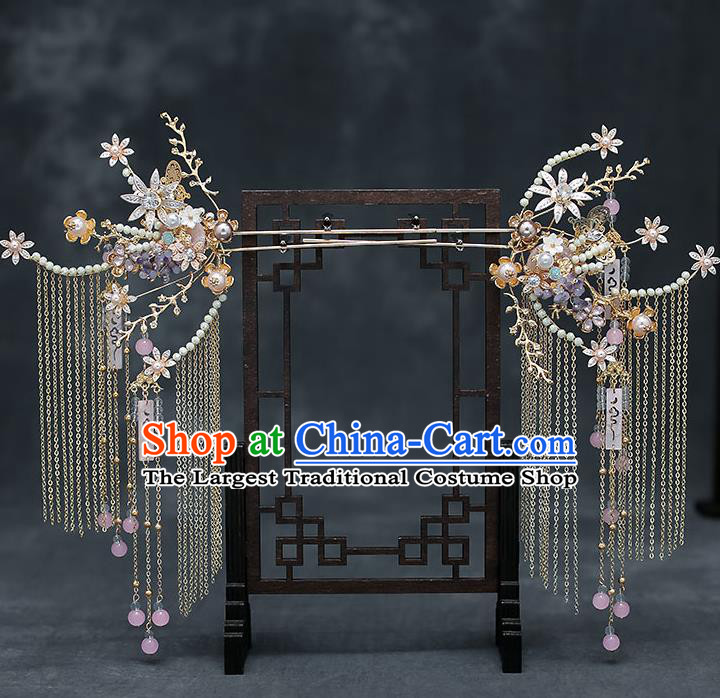 Chinese Handmade Hair Comb Classical Wedding Hair Accessories Ancient Bride Pearls Tassel Hairpins Complete Set