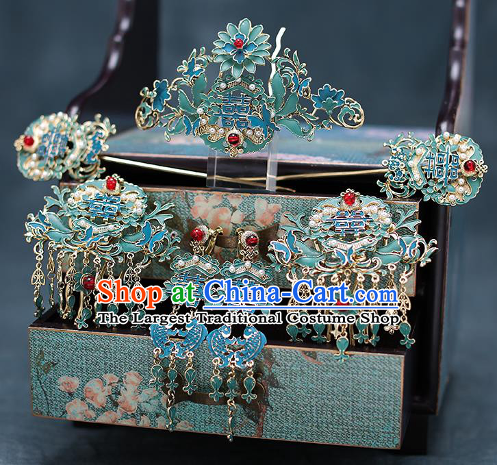 Chinese Handmade Blueing Hair Comb Classical Wedding Hair Accessories Ancient Bride Hairpins Hair Sticks Complete Set