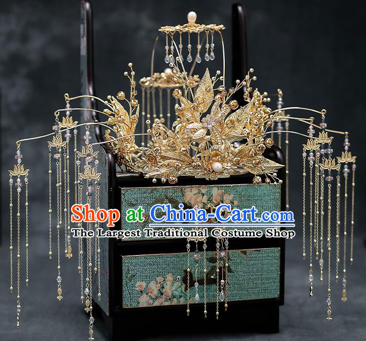 Chinese Handmade Golden Leaf Phoenix Coronet Classical Wedding Hair Accessories Ancient Bride Hairpins Complete Set