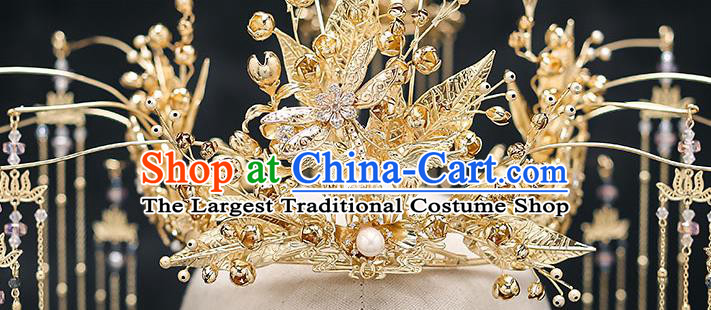 Chinese Handmade Golden Leaf Phoenix Coronet Classical Wedding Hair Accessories Ancient Bride Hairpins Complete Set