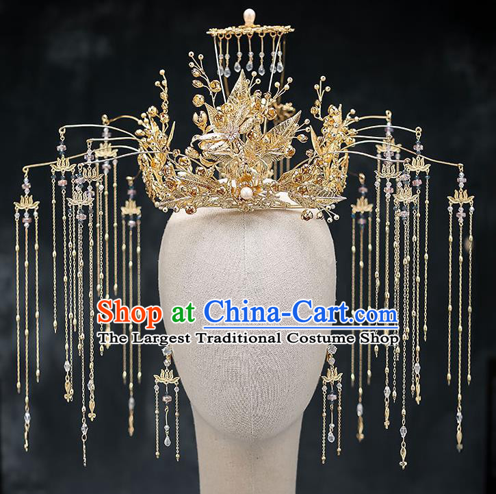 Chinese Handmade Golden Leaf Phoenix Coronet Classical Wedding Hair Accessories Ancient Bride Hairpins Complete Set