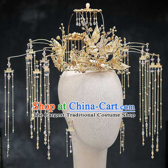 Chinese Handmade Golden Leaf Phoenix Coronet Classical Wedding Hair Accessories Ancient Bride Hairpins Complete Set