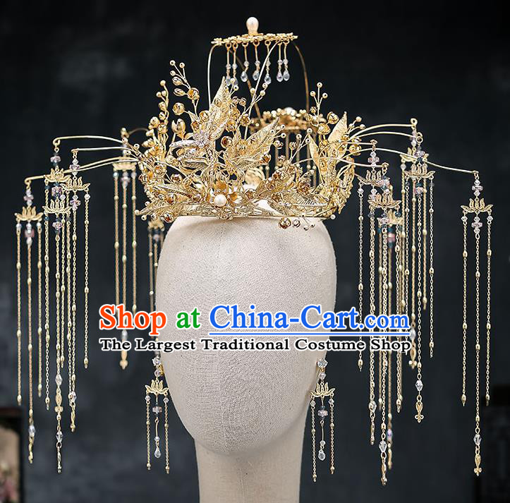 Chinese Handmade Golden Leaf Phoenix Coronet Classical Wedding Hair Accessories Ancient Bride Hairpins Complete Set