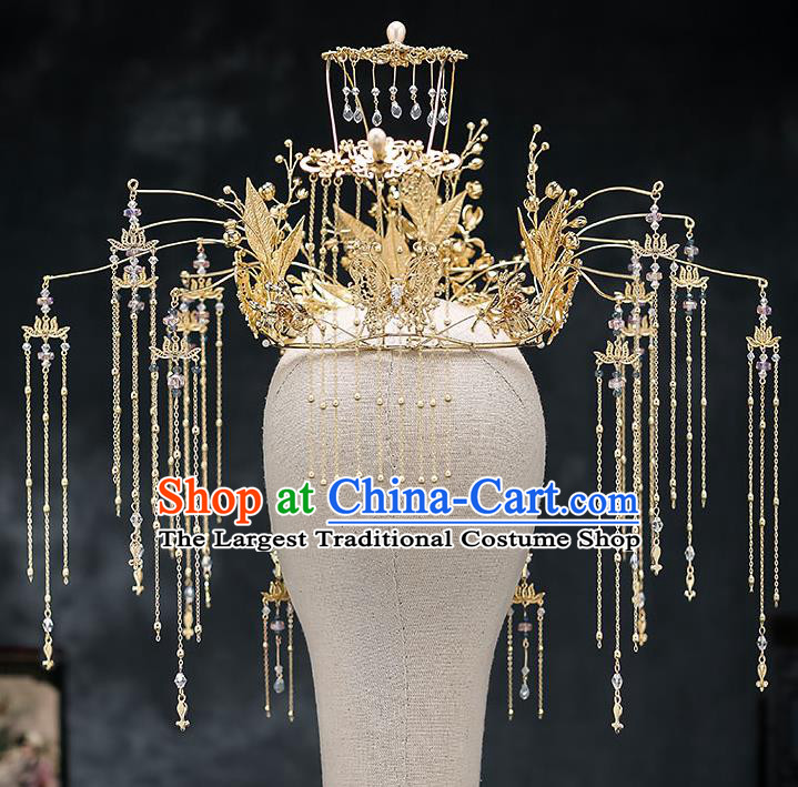 Chinese Handmade Golden Leaf Phoenix Coronet Classical Wedding Hair Accessories Ancient Bride Hairpins Complete Set