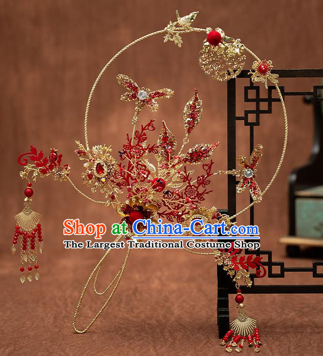 Chinese Handmade Golden Palace Fans Classical Fans Ancient Bride Props Red Dragonfly Fans