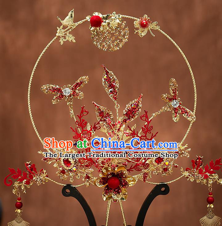 Chinese Handmade Golden Palace Fans Classical Fans Ancient Bride Props Red Dragonfly Fans