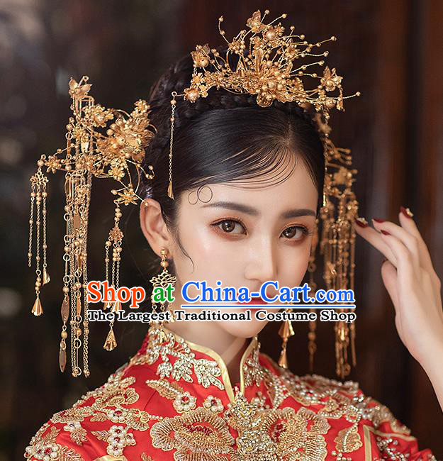 Chinese Handmade Golden Hair Crown Classical Wedding Hair Accessories Ancient Bride Hairpins Tassel Step Shake Complete Set