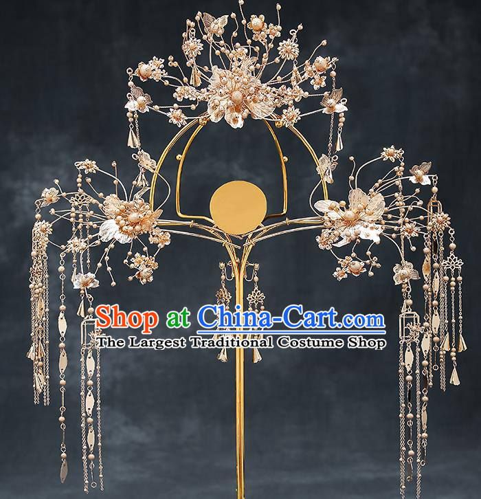 Chinese Handmade Golden Hair Crown Classical Wedding Hair Accessories Ancient Bride Hairpins Tassel Step Shake Complete Set
