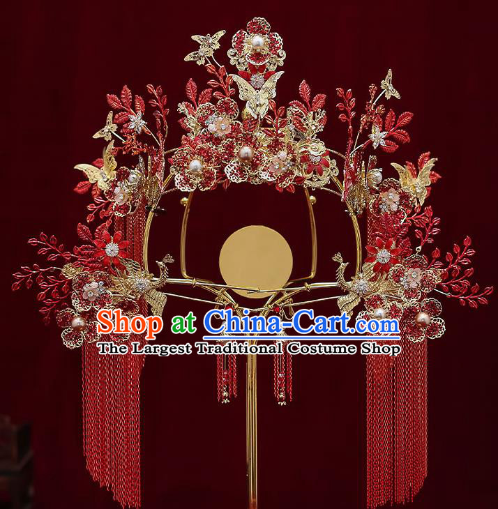 Chinese Handmade Red Tassel Hair Crown Classical Wedding Hair Accessories Ancient Bride Hairpins Complete Set