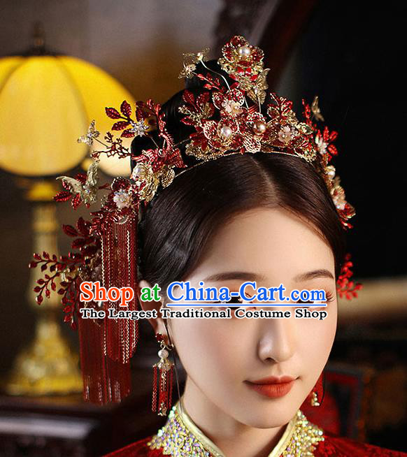 Chinese Handmade Red Tassel Hair Crown Classical Wedding Hair Accessories Ancient Bride Hairpins Complete Set