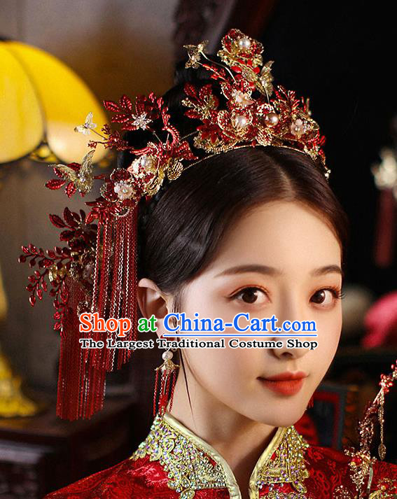 Chinese Handmade Red Tassel Hair Crown Classical Wedding Hair Accessories Ancient Bride Hairpins Complete Set