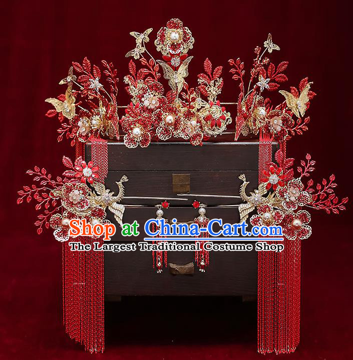 Chinese Handmade Red Tassel Hair Crown Classical Wedding Hair Accessories Ancient Bride Hairpins Complete Set