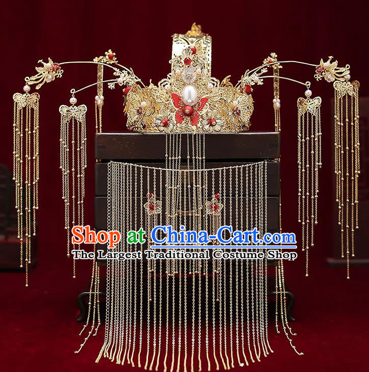 Chinese Handmade Tassel Hair Crown Classical Wedding Hair Accessories Ancient Bride Phoenix Coronet Hairpins Complete Set
