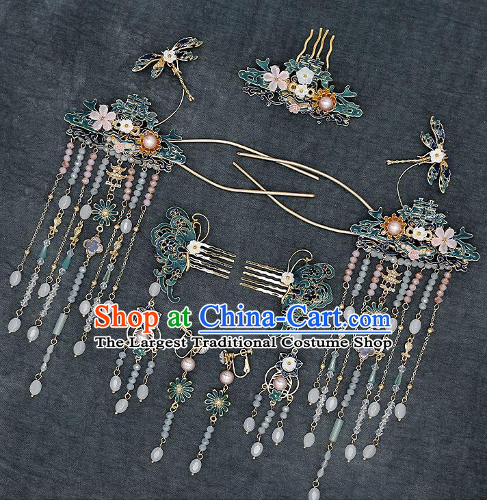 Chinese Handmade Blueing Hair Crown Classical Wedding Hair Accessories Ancient Bride Hair Comb Hairpins Complete Set