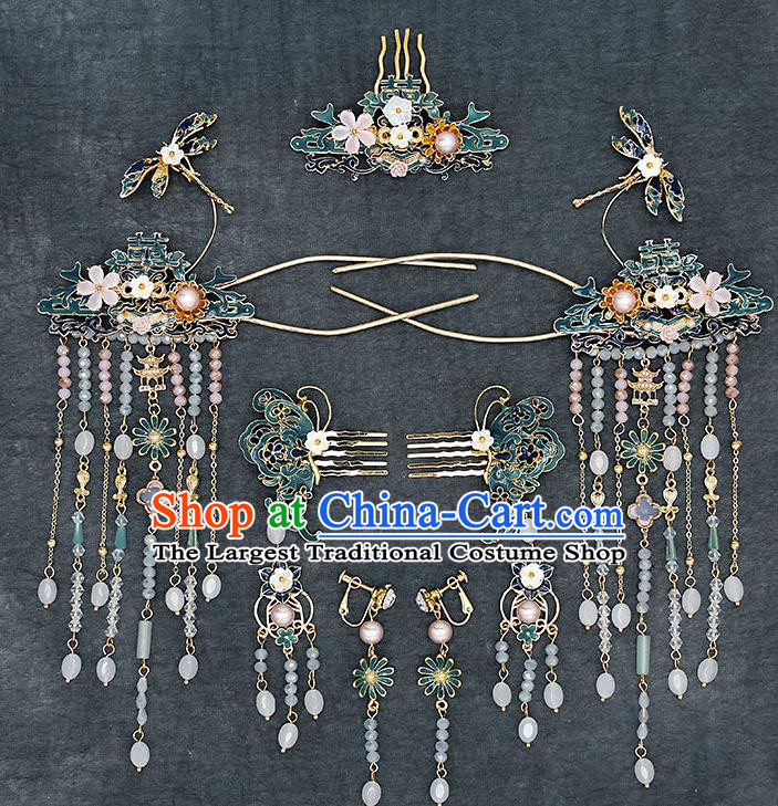 Chinese Handmade Blueing Hair Crown Classical Wedding Hair Accessories Ancient Bride Hair Comb Hairpins Complete Set
