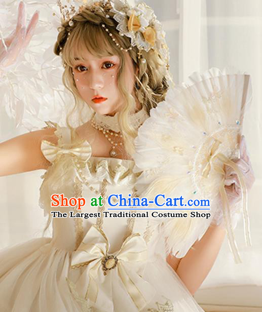 Halloween Beige Feather Folding Fans Handmade Custom Classical Bride Fan