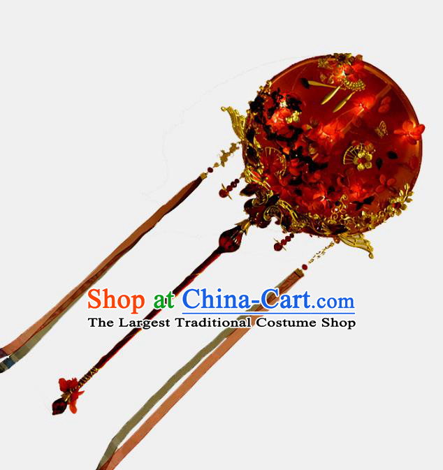 China Traditional Hanfu Fans Handmade Classical Wedding Palace Fan Red Silk Round Fan with LED Lights