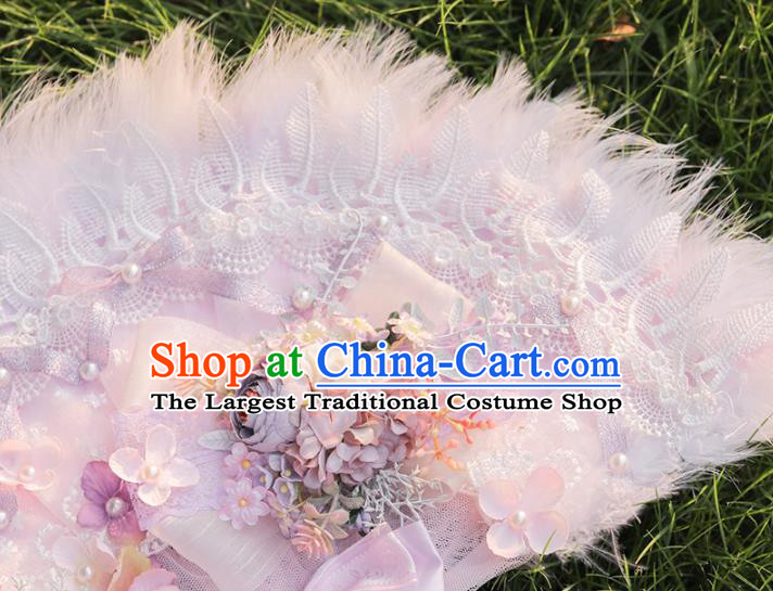 Handmade Versailles Folding Fans Classical Wedding Bride Pink Feather Fan