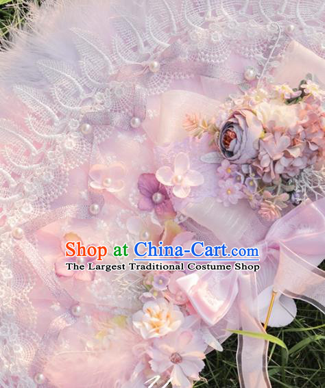 Handmade Versailles Folding Fans Classical Wedding Bride Pink Feather Fan