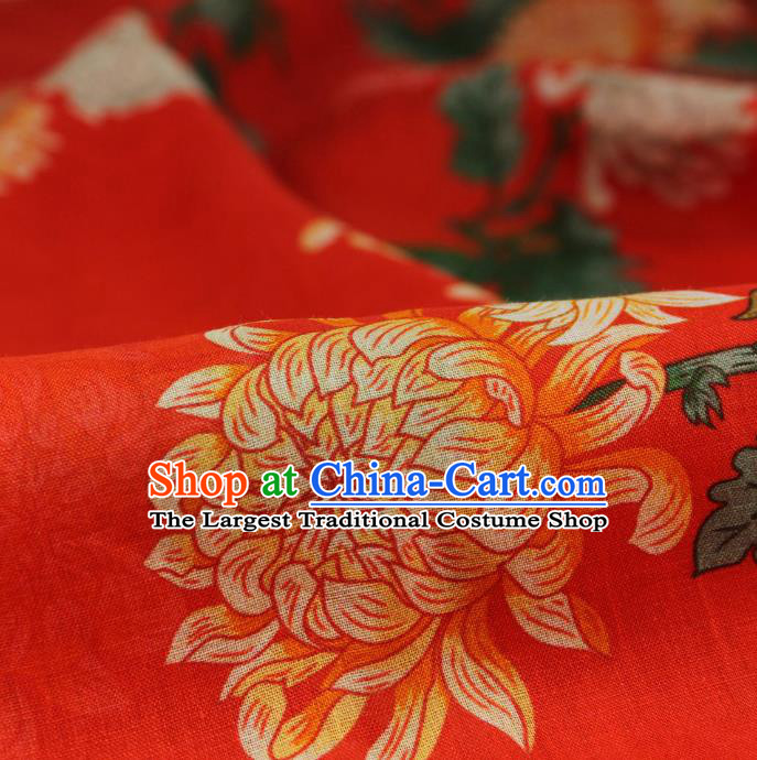 Chinese Printing Chrysanthemum Pattern Red Ramine Fabric Traditional Linen Drapery Asian Qipao Dress Flax Cloth