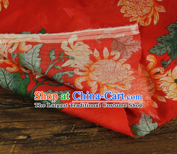 Chinese Printing Chrysanthemum Pattern Red Ramine Fabric Traditional Linen Drapery Asian Qipao Dress Flax Cloth