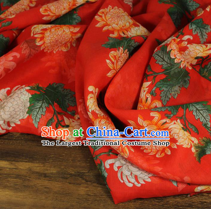 Chinese Printing Chrysanthemum Pattern Red Ramine Fabric Traditional Linen Drapery Asian Qipao Dress Flax Cloth