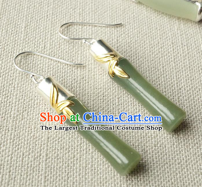 Top Grade Chinese Handmade Jade Bamboo Ear Jewelry Traditional Accessories Classical Cheongsam Earrings