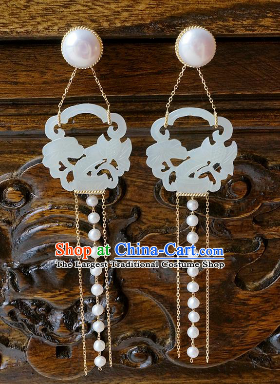 Top Grade Chinese Handmade Pearls Tassel Ear Jewelry Classical Jade Earrings Traditional Accessories